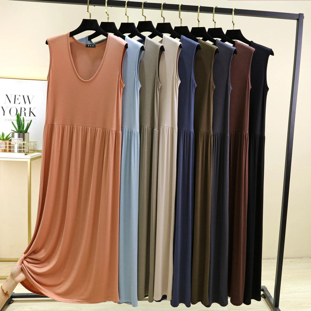 Plus Size Women's Modal Sleeveless Tank Dress – Pleated Mid-Length Waist-Slimming Homewear
