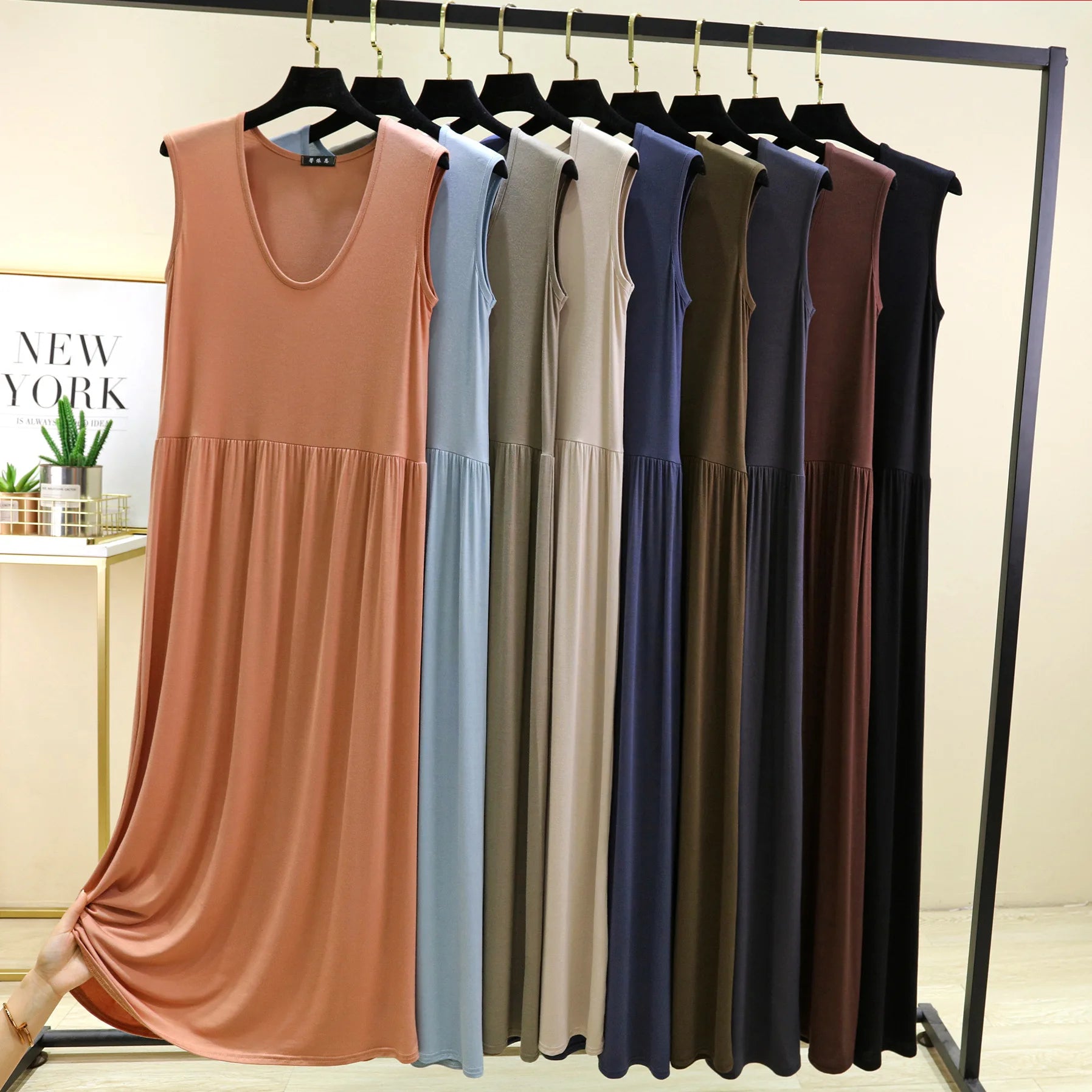 Plus Size Women's Modal Sleeveless Tank Dress – Pleated Mid-Length Waist-Slimming Homewear
