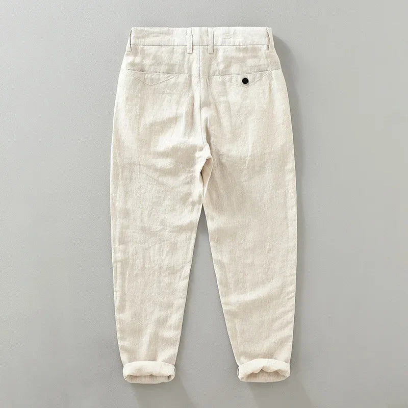2025 Summer New Breathable Pure Linen Casual Pants for Men Clothing Slim Streetwear Men Ankle-length Pants EC1333