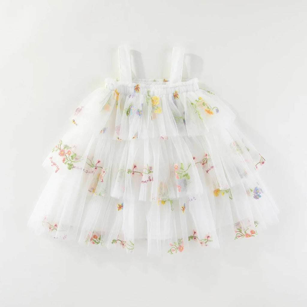 Summer Kids Clothes Girls Floral Embroidery Mesh Dress 1-5Y Children Spaghetti Strap Princess Tutu Dress Beach Wear