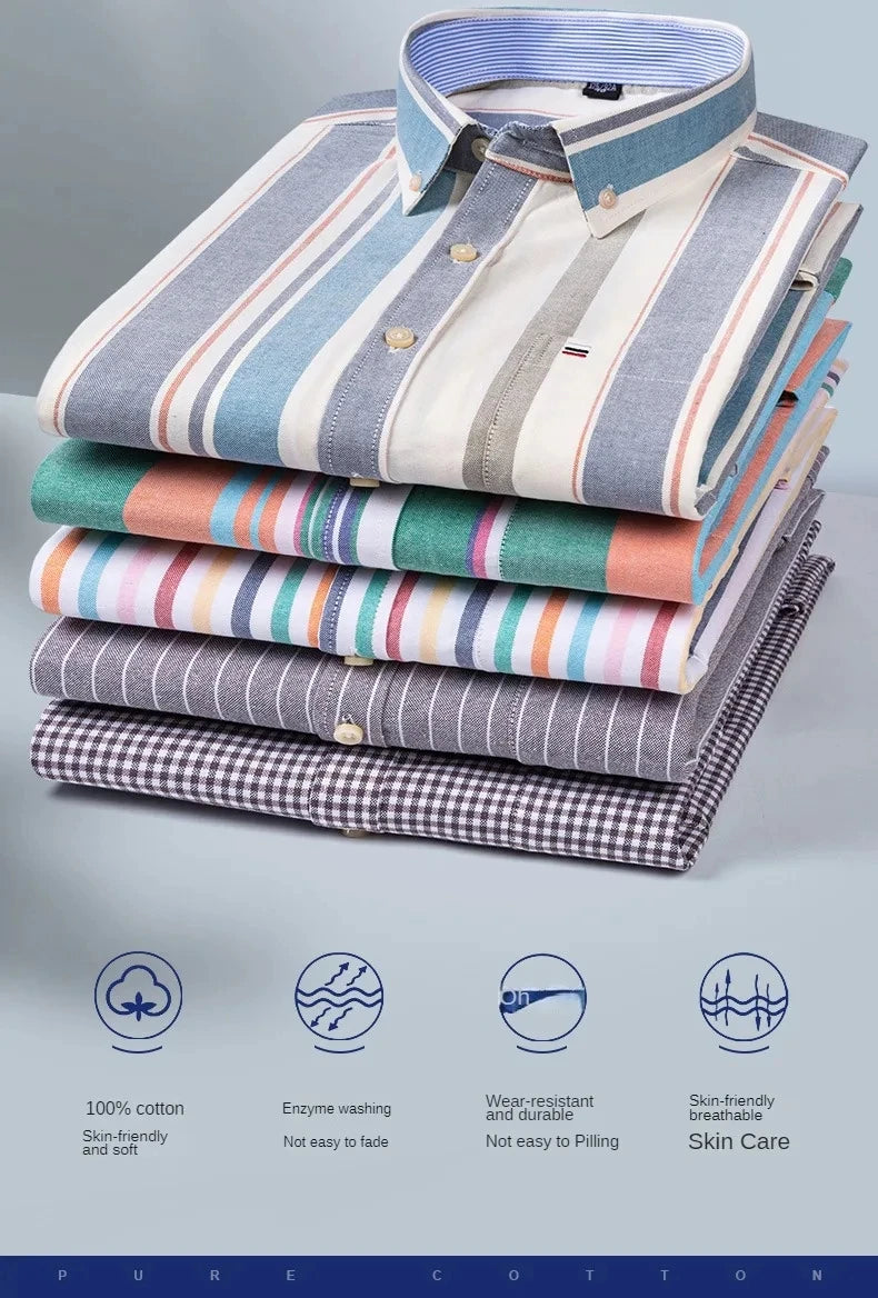 New 100% Cotton Oxford Men Shirts Long Sleeves Plaid Soft Regular Fit Formal Dress Shirt Pocket Social Blouse Male Clothes S-7XL
