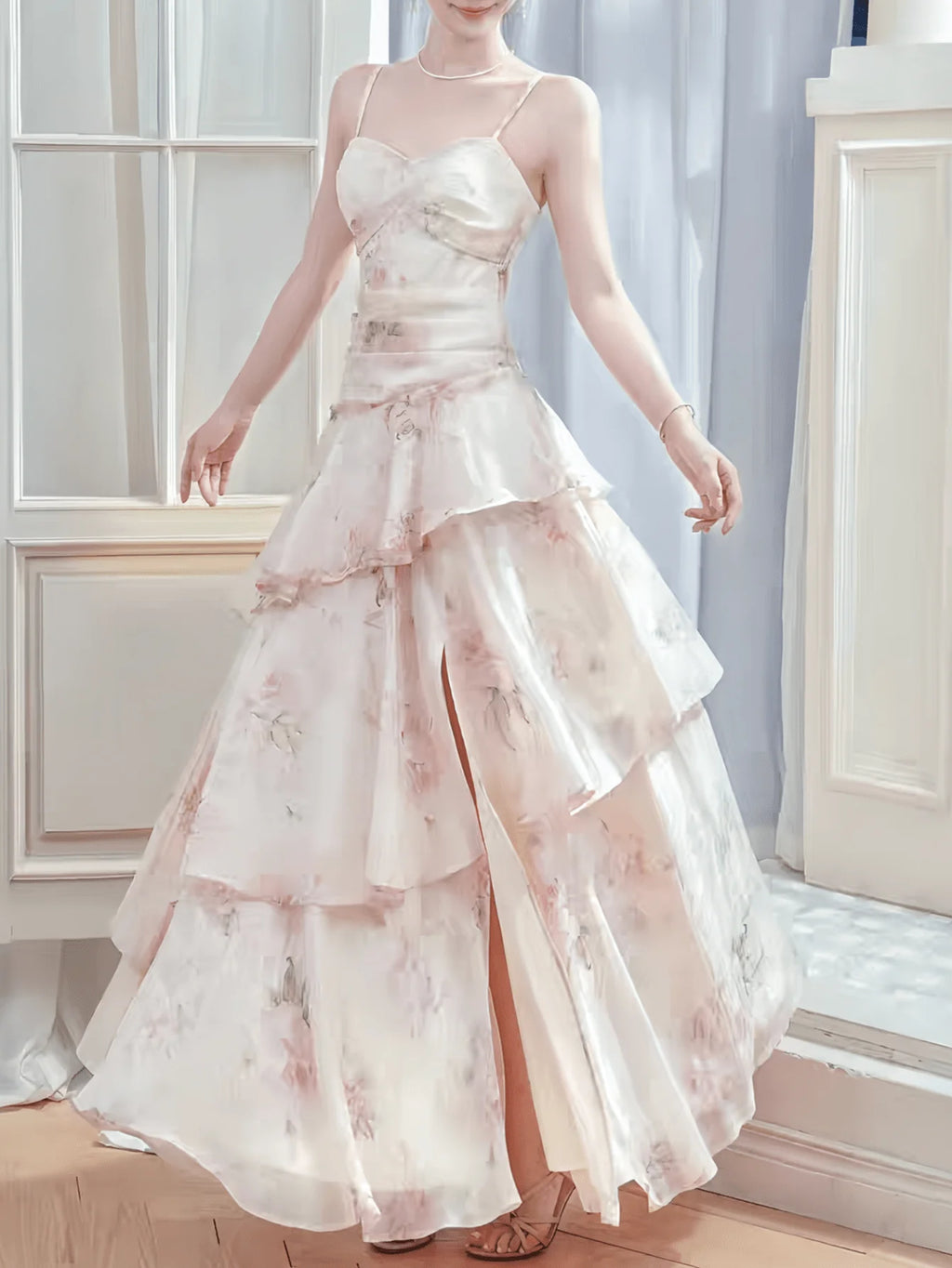 Women 2026 Summer Light Pink Floral Cami Tiered Chiffon Maxi Dress Spaghetti Strap Split Flowy Dress Wedding Guest Party