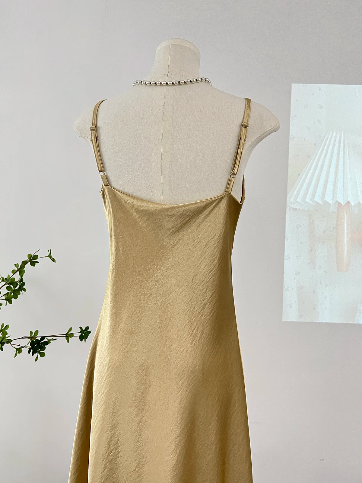 Elegant Women Spaghetti Strap Satin Dresses Summer V-Neck Solid Color Thin Sleeveless Long Dress Women A-Line Dress
