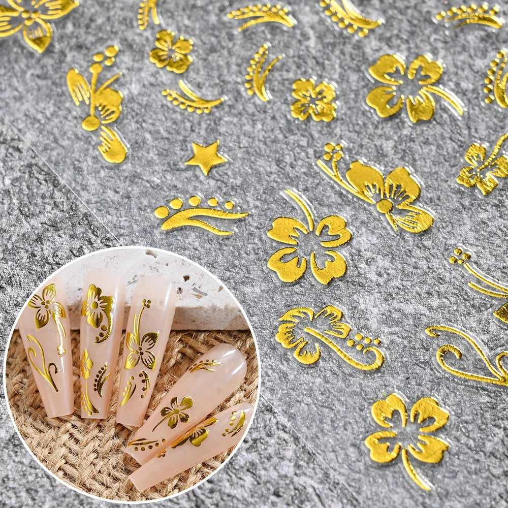 1 pieza 3D pegatinas de hibisco para uñas, flores blancas y negras, pétalos, calcomanías adhesivas, deslizadores florales rosas y dorados para decoración de uñas