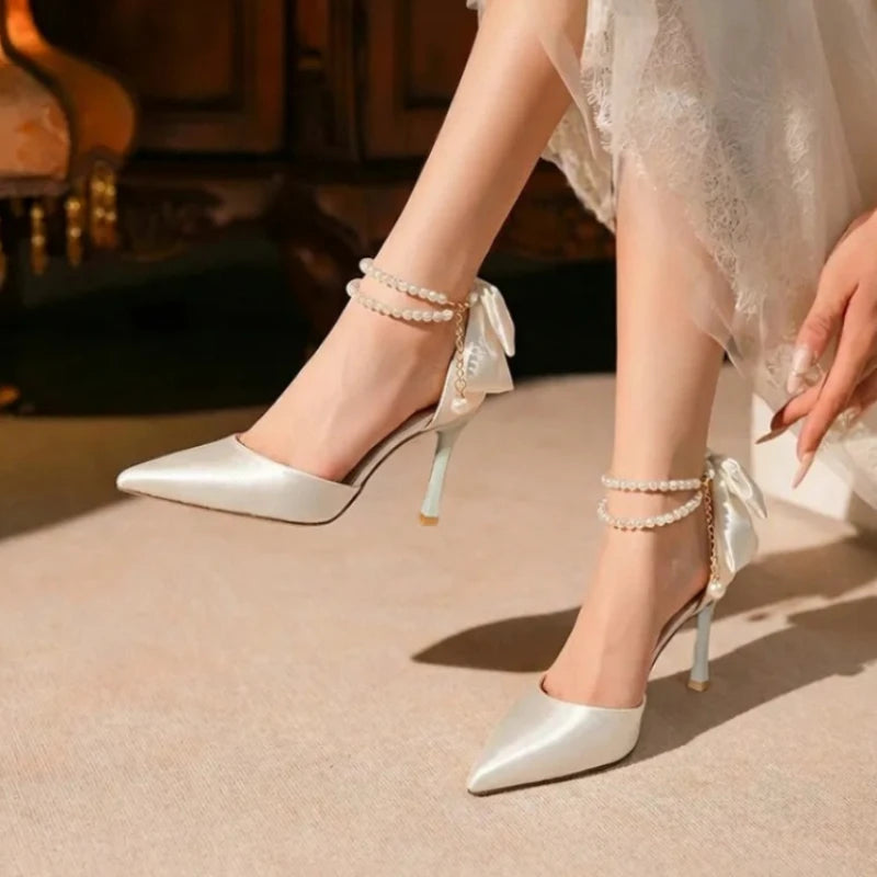 Plus 33-42 Pearl Ankle Strap Bow Heels Stiletto High Heels Women Pumps Wedding Shoes Bride Ladies Party Prom Closed-toe Sandals