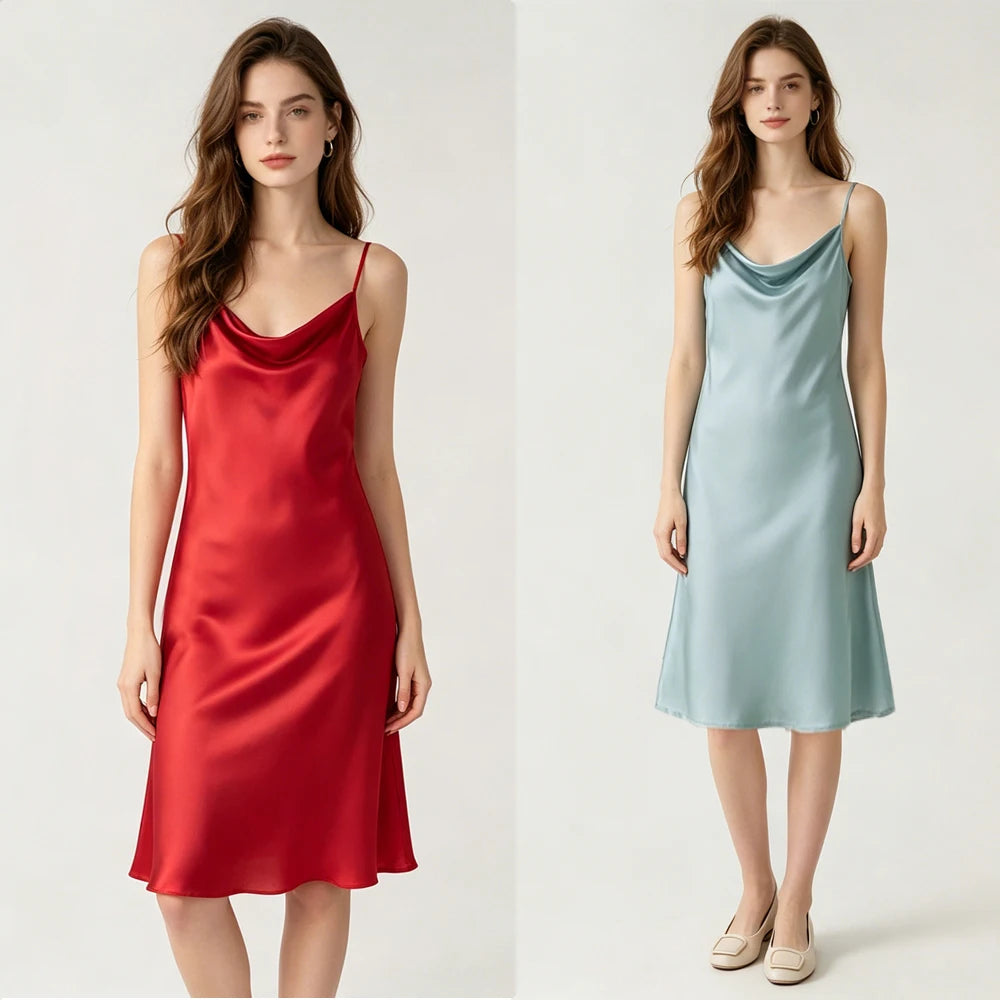 Women's Summer New Style French 100% Natural Mulberry Silk Plain Satin Swing Collar Temperament Camisole Slim Fit Party Dress