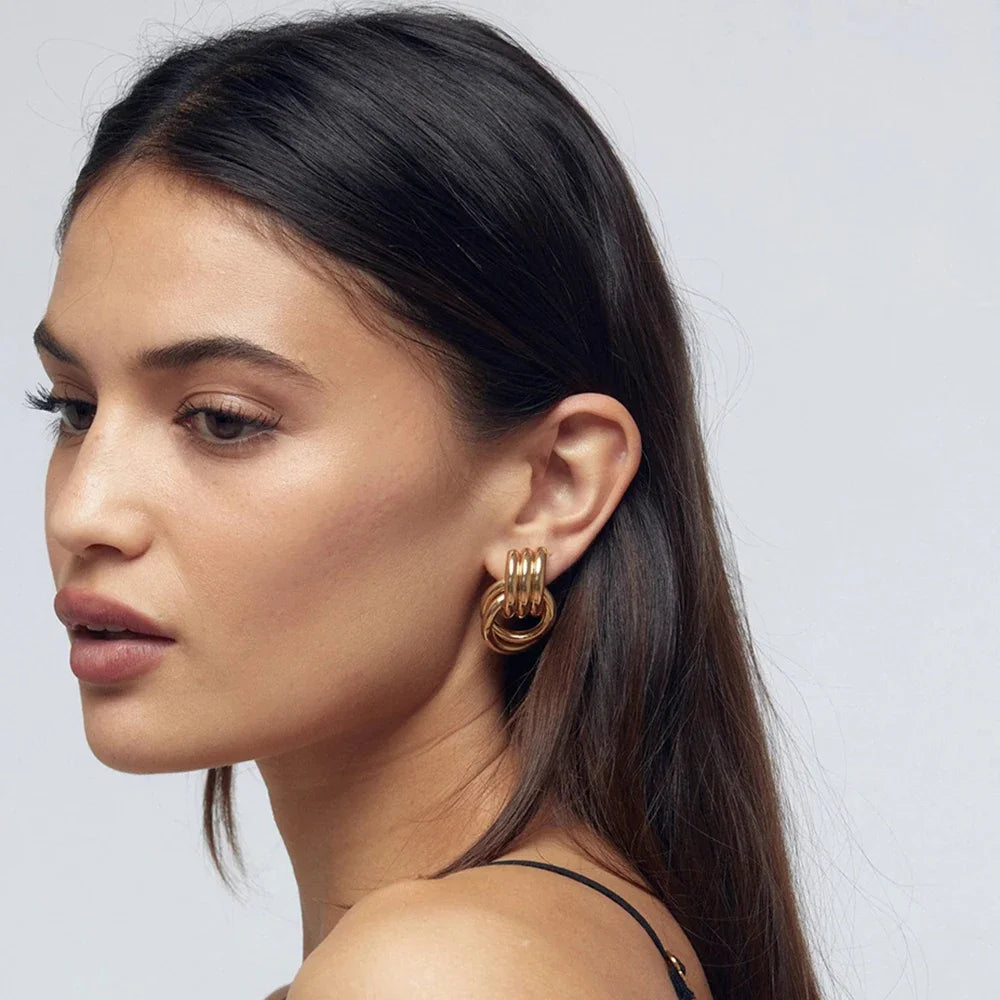 Trendy Stainless Steel Multilayer Circle Twist Knot Earrings For Women'S Texture Mixed Color Gold Plated Statement Earring Bijoux