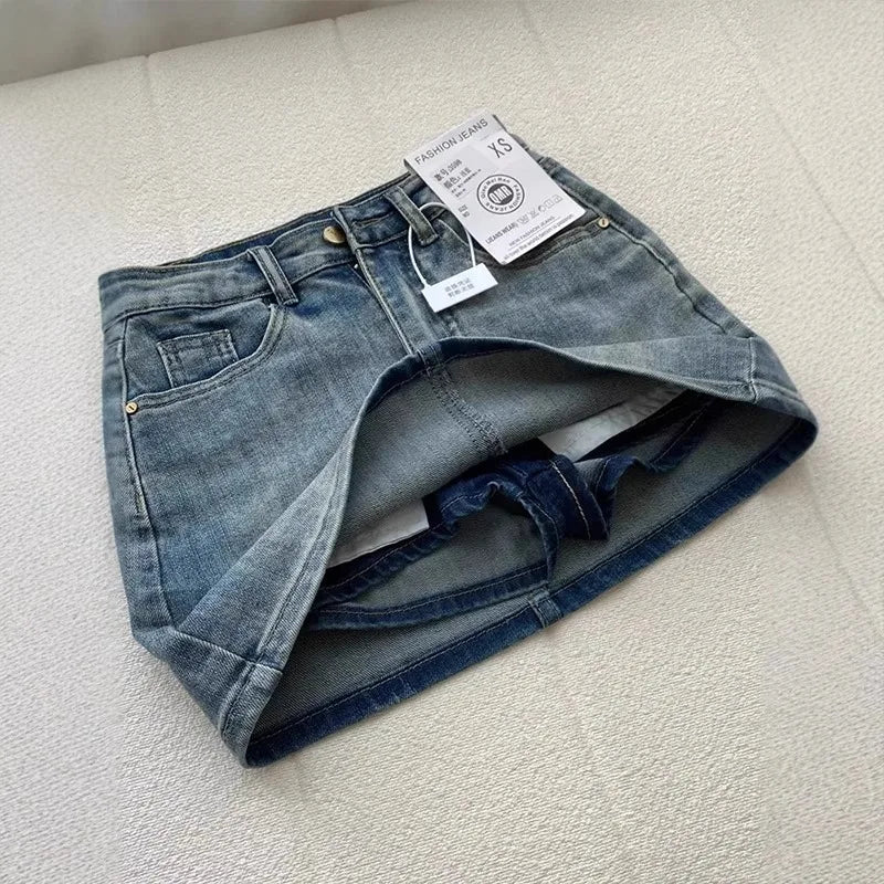 Sexy Retro High Waist Denim  Skirt Women's Anti-Light Versatile Slimming American Hot Girl f-length Summer Skirt