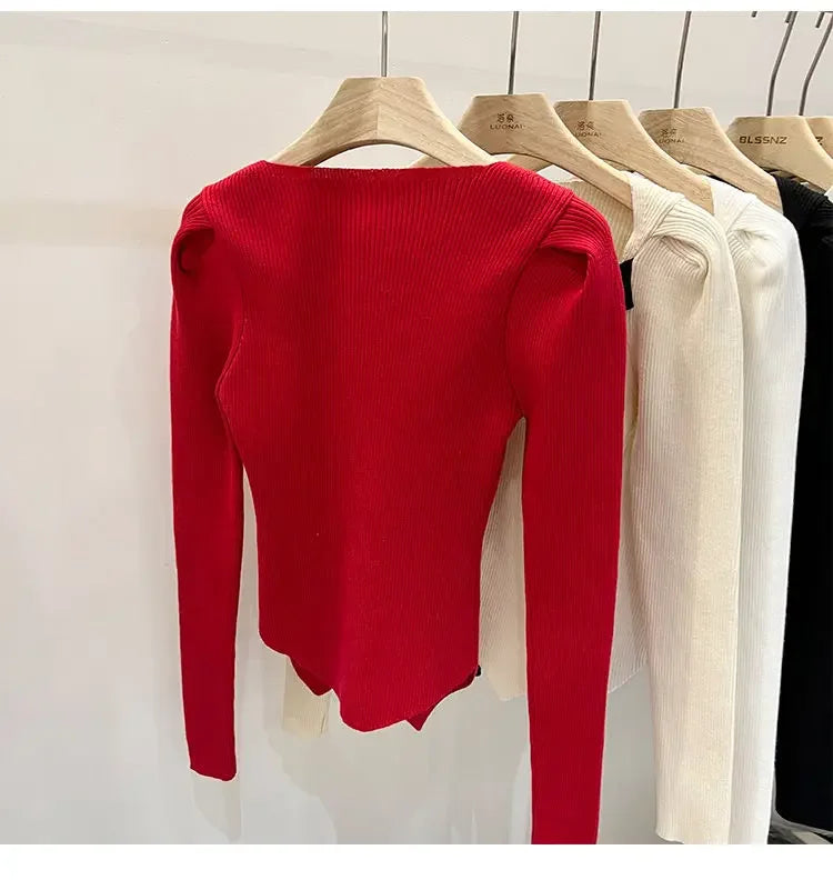 Women's Knitted Short Sweater Square Collar Base Shirt Color Collision Design Sensation Autumn Winter Special Edition Top