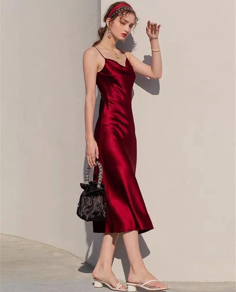 Sexy Spaghetti Strap Burgundy Vintage artificial silk Party Dresses Summer Women Satin Slip Dress Femme long Robe Vestidos