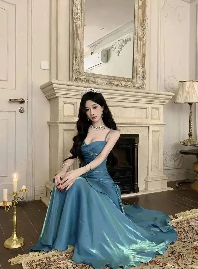 LGRQ 2026 Summer Blue Niche Strap Dress Fishtail Elegant Long Dresses Solid Color Female Elegant Party Gown 19DA2013