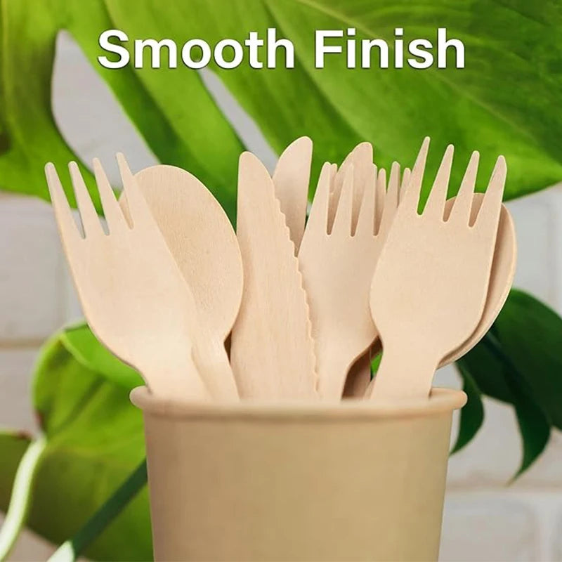 50/100PCS Disposable Wooden Tableware Wedding Party Wooden Knife Fork Spoon Tableware for Tasting Yogurt Ice Cream Cake
