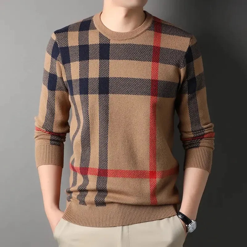 High End Luxury Pullover Men Autumn Winter Designer Brand Round Neck Striped Wool Sweater European Fashion Casual Warm Knitwear