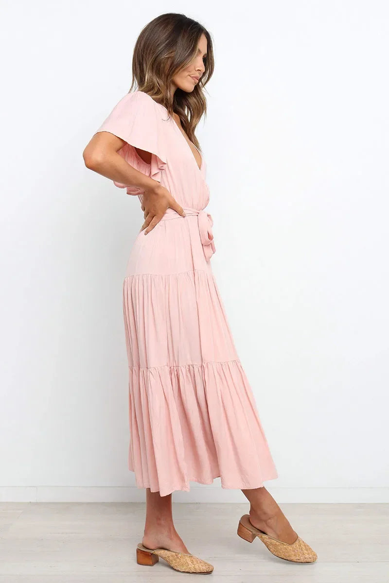 Summer Bohemian Long Dress Pure Color V-Neck Short Sleeve Empire Waist Design Floor Length with Belt Loose Fit Women's Dress
