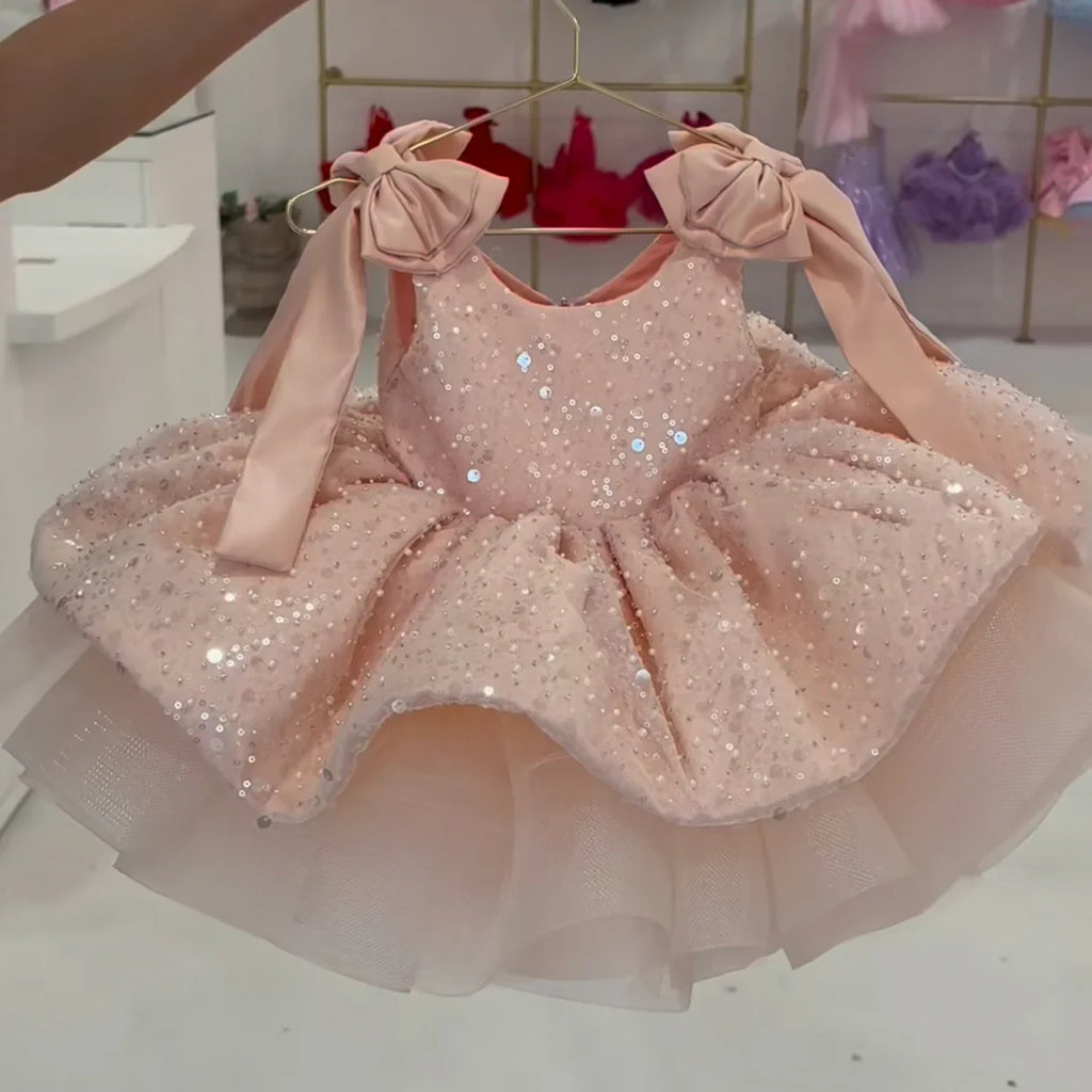 Sparkling Pink Flower Girl Dress Big Bow Heart Tulle Tutu Dress Flower Wedding Princess Birthday Party Prom First Communion Ball