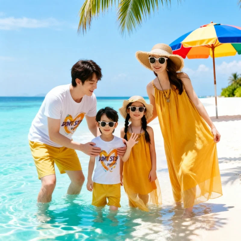 Vacation Family Matching Outfit Beach Mother‑Daughter Girls Yellow Maxi Dress Father‑Son Tops Shorts Sets Holiday Couple Clothes