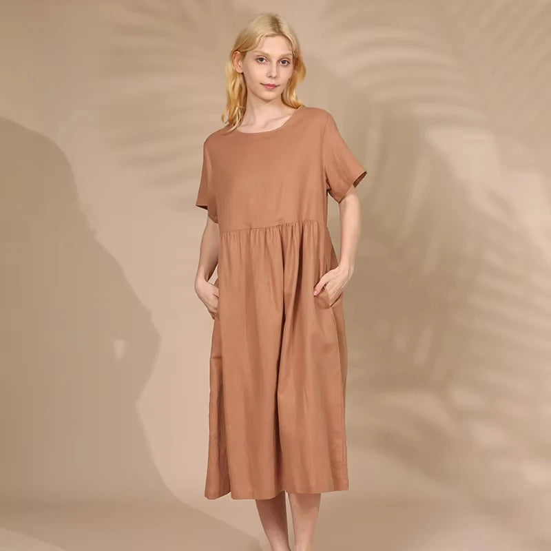 Women Cotton Linen Midi Dresses Summer Chic Female Vestidos Loose A-Line Dress Short Puffy Sleeve Casual Sundress