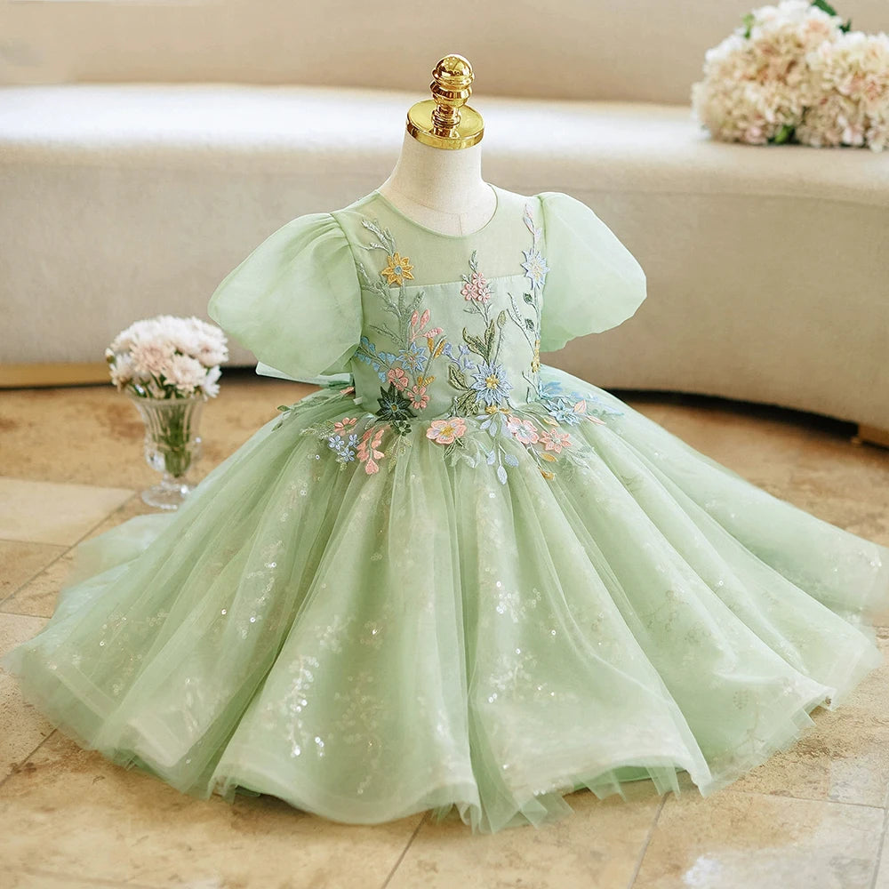 2026 Girls' Sage Light Green Tulle Knee-length Party Dress Floral Embroidered Lace Birthday Princess Ball Gown for 1-14Yr Girls