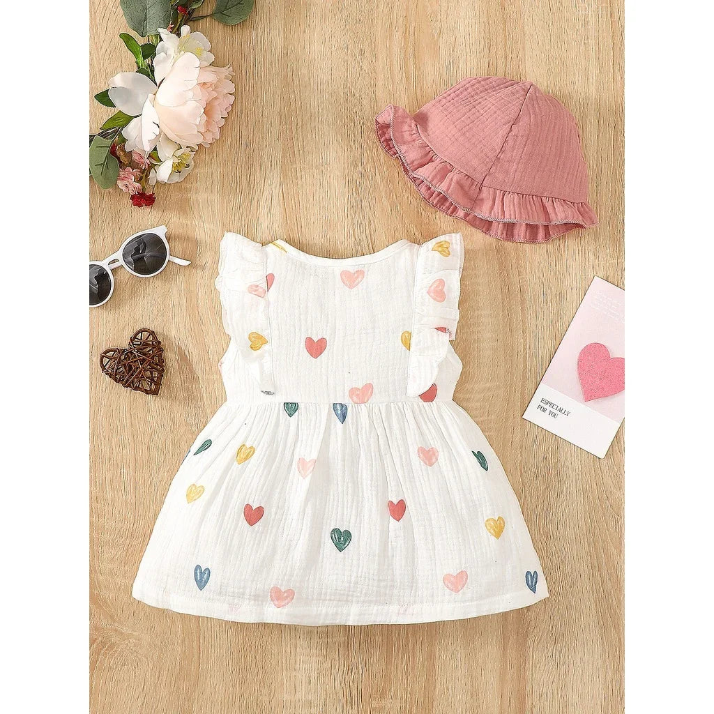 2Pcs Dress Clothes Set Newborn Baby Girl Love Print Sleeveless Dress With Hat Summer Fashion Cute Wear For Infant Girl 0-9Months