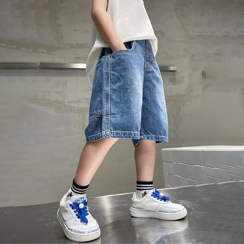 New Boys Summer Fashion Denim Shorts Kids Casual Loose Thin Knee-Length Trousers 3-12 Years Teenager Outdoor Five-point Pants