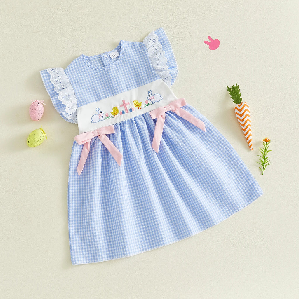 0-4Y Toddler Baby Girl Easter Dress Flying Sleeve Crew Neck Rabbit Chick Embroidery A Line Plaid Print Dress
