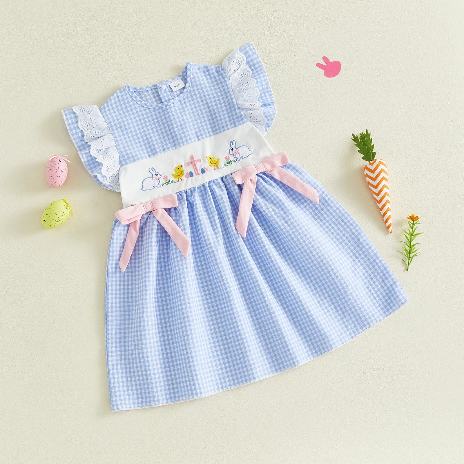 0-4Y Toddler Baby Girl Easter Dress Flying Sleeve Crew Neck Rabbit Chick Embroidery A Line Plaid Print Dress