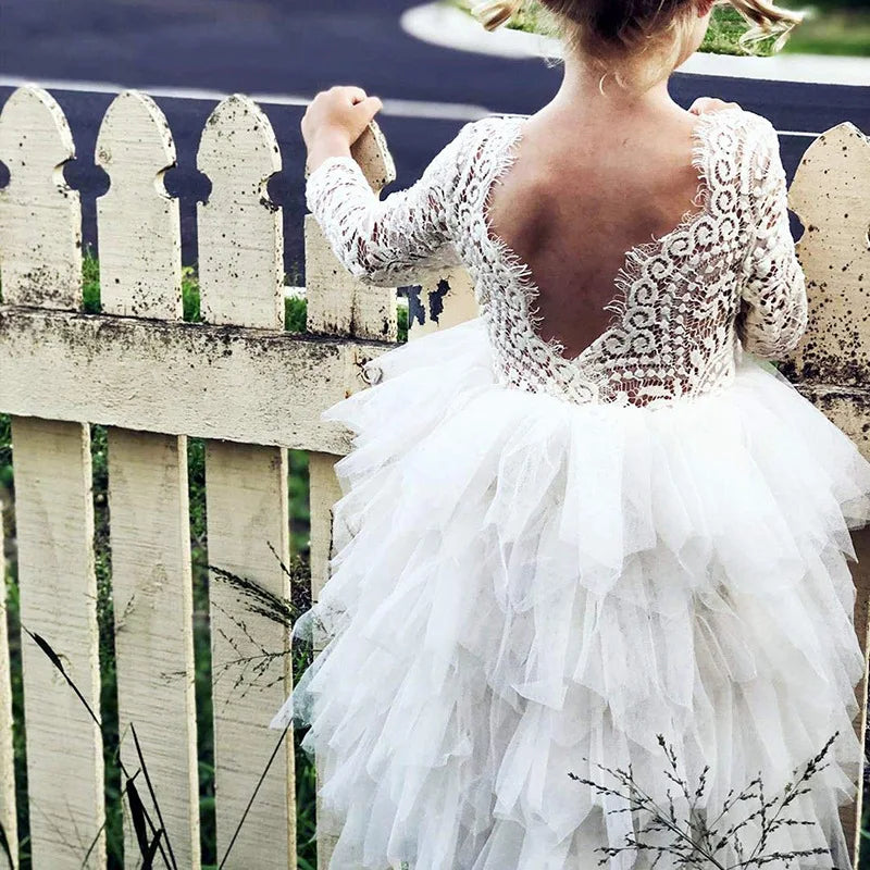 Princess Girls Festival Dress for 6m To 13 Years Old Elegant Flower Girl Vacation Layered Dress Lace Backless Evening Dresses