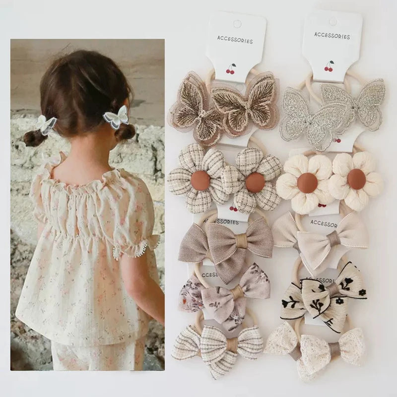 10Pcs Children's Flower Hair Accessories Hair Bow Headwear Rope Cute Girls Hair Bands Trendy Handmade Elastic Lovely Hairbands