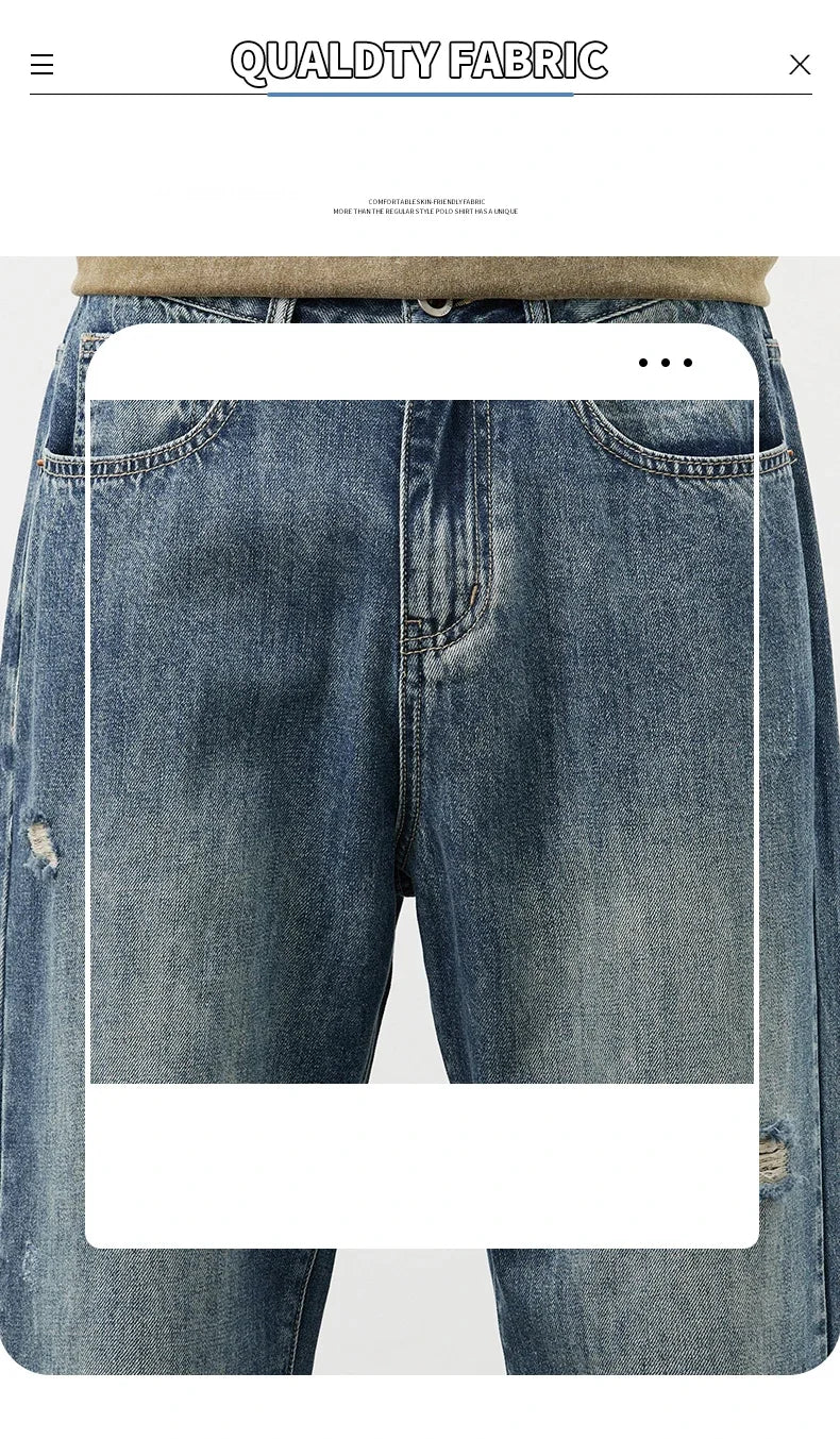 Korea Baggy Jeans Men's Vintage Straight Ripped Y2k Pants Fashion Frayed High Street Distressed Denim Trousers Male Clothes