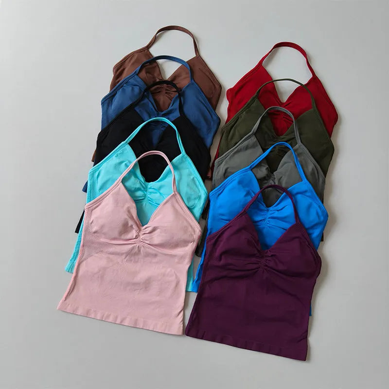 Longline Strappy Seamless Yoga Tank Top Ruched Backless Gym Workout Sleeveless Shirts with Built-in Bra Vest for Women