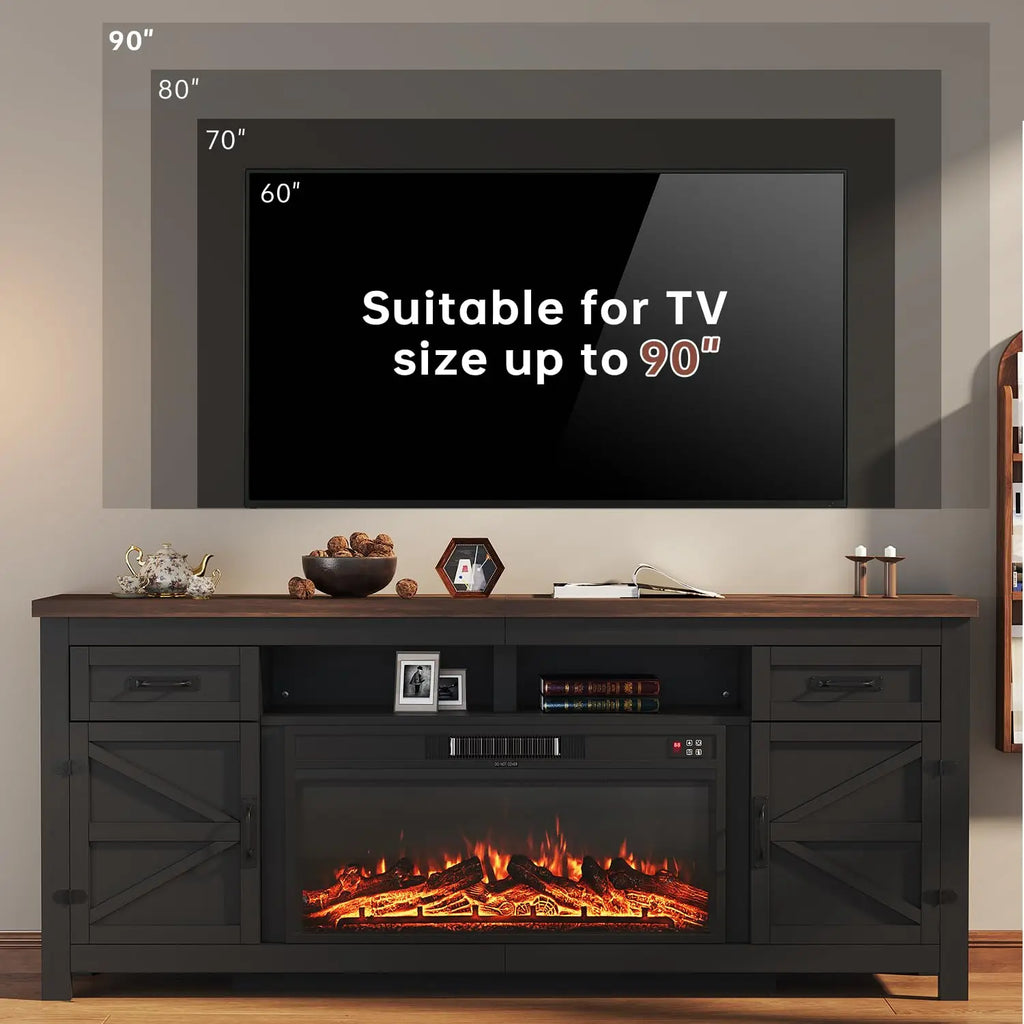 80" Black TV Stand With Sliding Barn Door & Fireplace Insert, Modern Living Room Media Console, Customized
