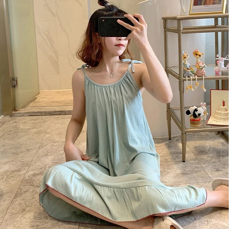 Korean Style Ladies Lovely Summer Sleeveless Strap Sleepwear Woman Night Dress Sleeping Nightgown Home Clothes