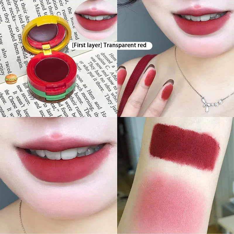 Cappuvini Velvet Lip Mousse - Matte Butter Formula, Long-Lasting Non-Drying, Cute Hamburger Design ,Compact and portable
