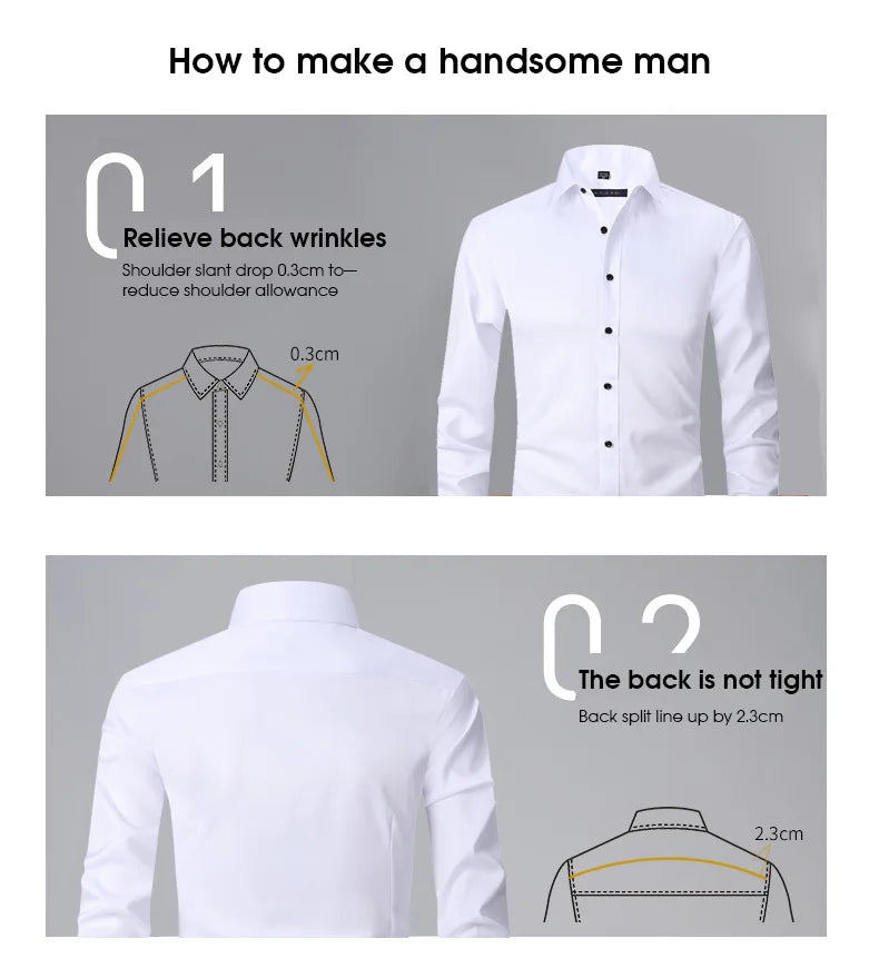 Men's Long Sleeved Slim Fit Elastic Shirt and Non Ironing Black Shirt Men's Solid Color Versatile Business Inch Men's Clothing