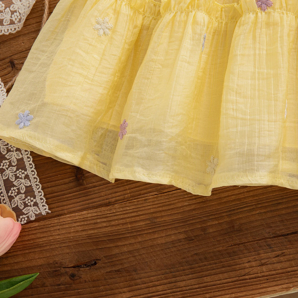 Korean Style Trend Sweet Flowers Embroidery Birthday Party Baby Girl Dress Summer Thin Short Sleeves Crew Neck Toddler Dress