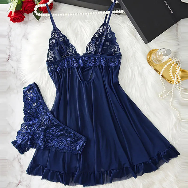 Curves 2-Piece Women's Underwear Set Lace Low-Rise Panties With Nightgown Intimate Apparel Breathable Delicate Summer Lingerie