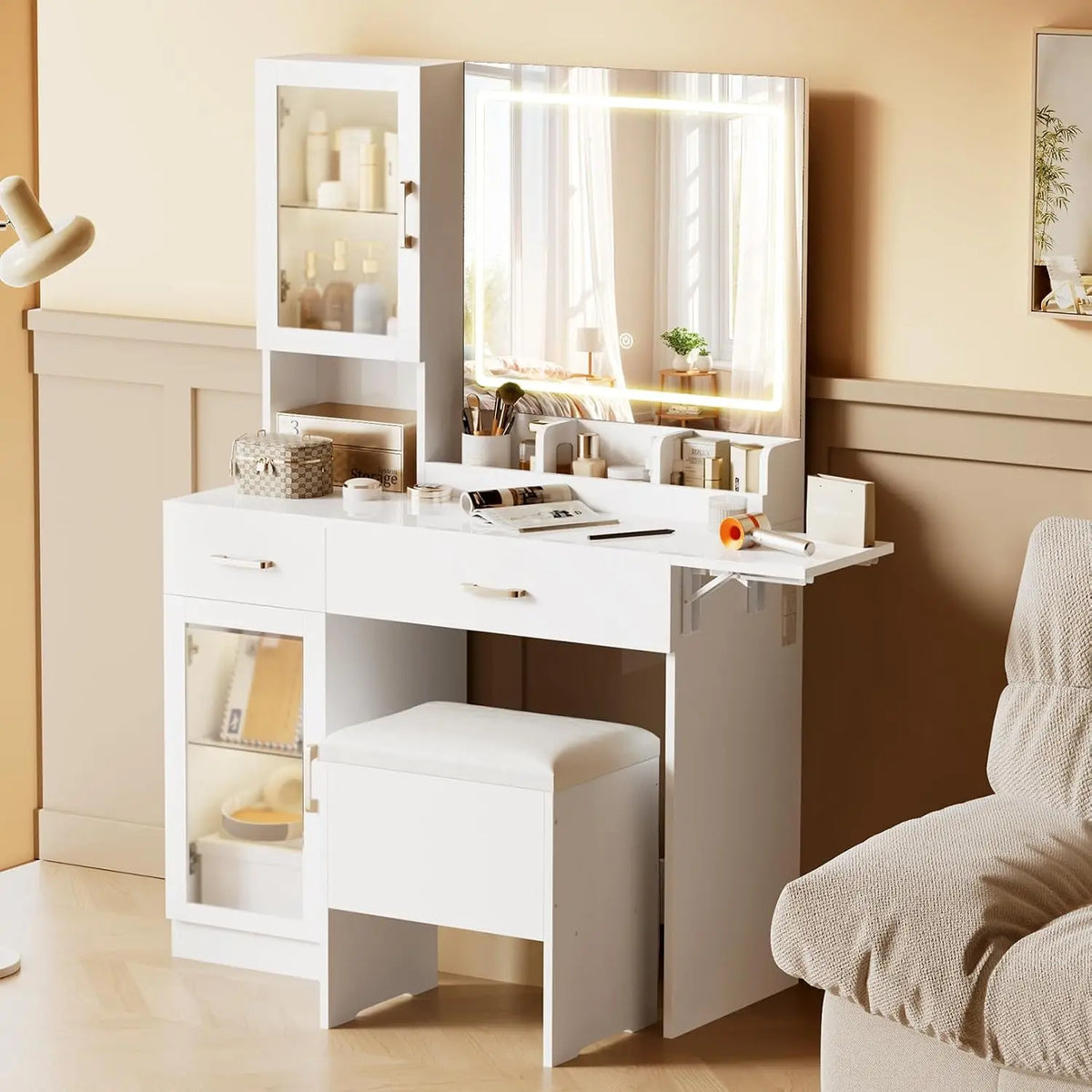 Vanity Desk with Mirror & LED Lights, Makeup Table with Stool & Storage Drawers for Bedroom, Customized