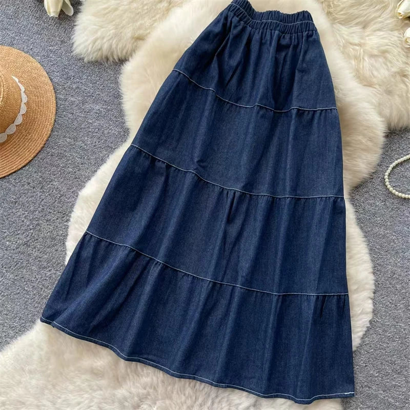Karofi Vintage Cotton Layered Denim Skirt Women Elastic High Waist Bow Detail Flowy Long Casual A Line Long Midi Skirt