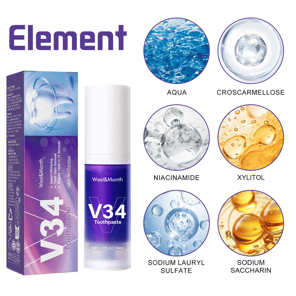V34 Teeth Whitening Toothpaste 30ml Intensive Stain Remover for Yellow Teeth Plaque RemovalFresh Breath Oral Care Gum Protection