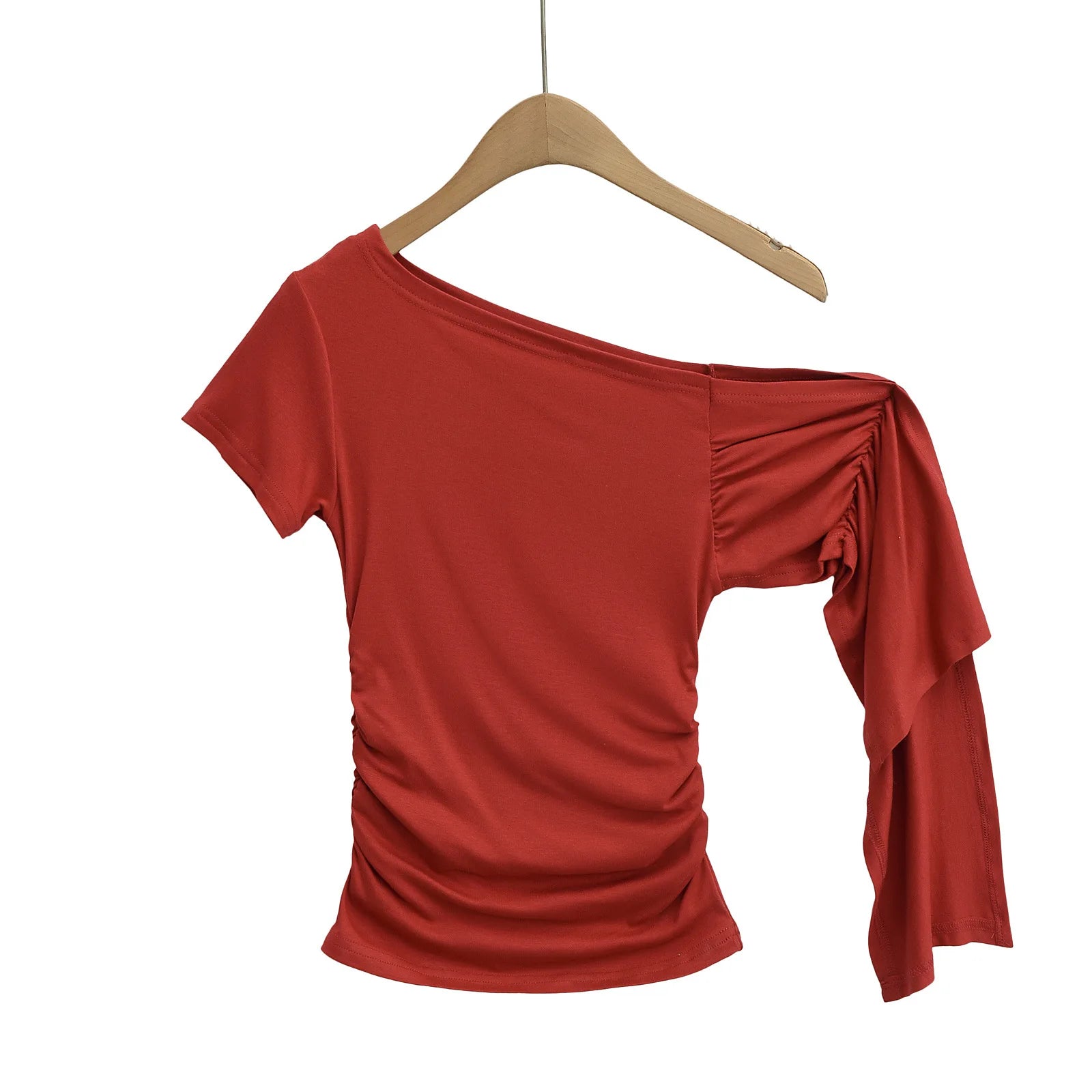 Slim Fit Asymmetric Shoulder T-Shirt Women's Summer Short Sleeve Top with Sash Street Style Sexy Trendy Pure Desire Design