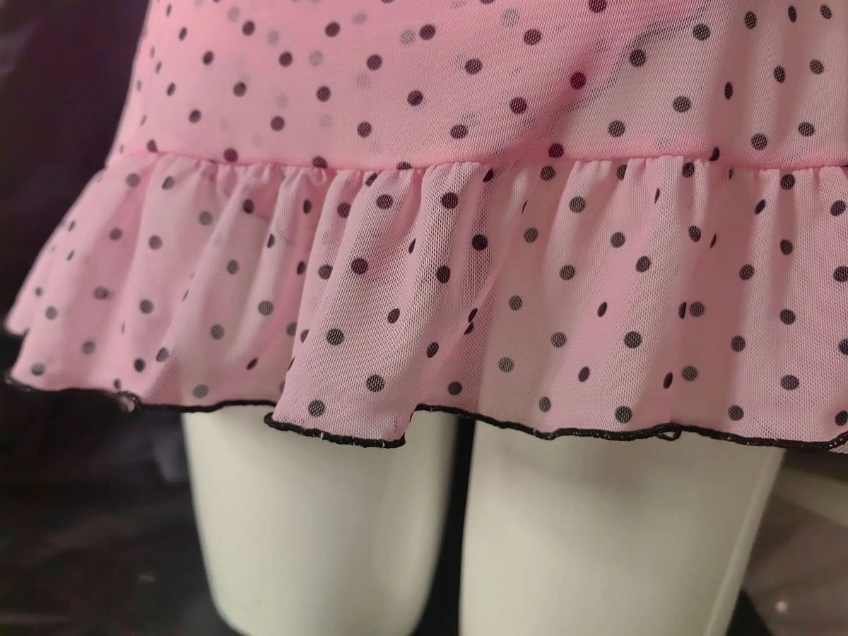 Sexy Women Pink Deep V Polka Dot Stretch Mesh Spaghetti Strap Nightgown Panties Two Piece Sleepwear Lingerie Set