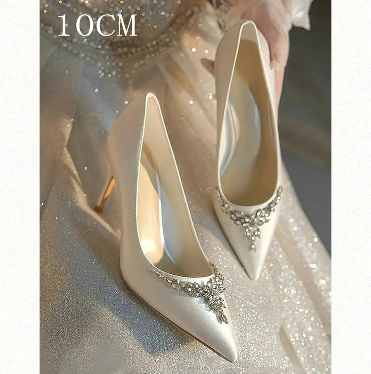 New White Women'S Bridal Wedding Shoes Silk Satin Rhinestone Crystal Shallow Pumps Stiletto High Heels