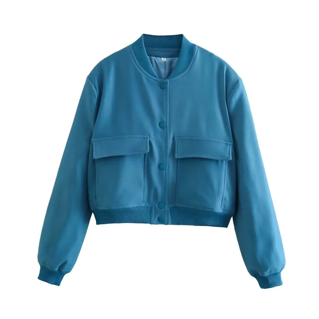 Women's Vintage V-Neck Bomber Jacket with Pockets