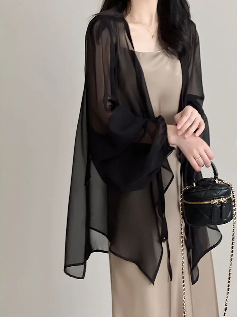 Shirts Women V-neck Loose Long Sleeve Open Stitch Korean Style Lace-up Simple Solid Summer Chiffon Breathable Minimalist Stylish