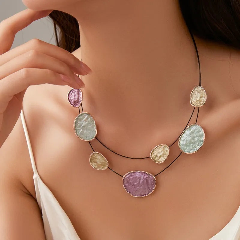 Bohemian Irregular Enamel Necklace Rose Gold Plated Multicolored Disc Double-Layer Necklace Adjustable Chain Jewelry Gift
