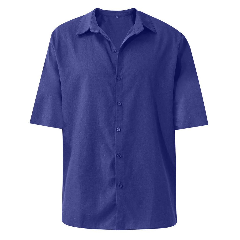Men'S Short-Sleeved Shirts Cotton Linen Summer Solid Color Turn-Down Collar Quick Drying Casual Beach Style Plus Size Shirts