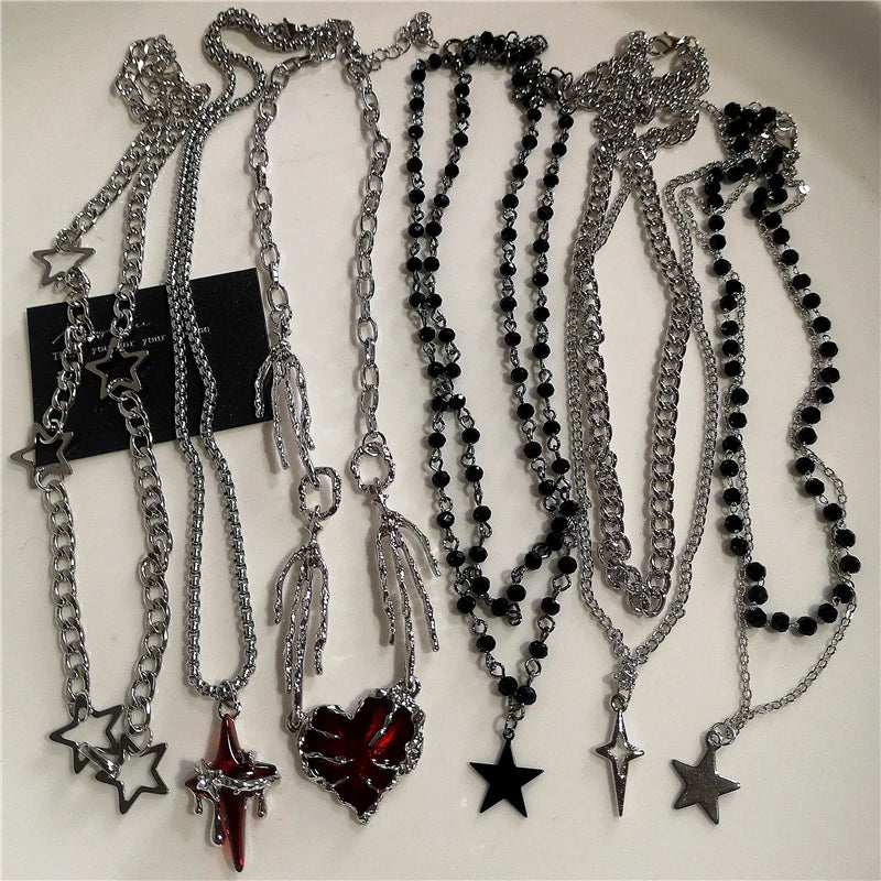 Punk Rock Y2K Black Star Cross Red Heart Pendant Ghost Claw Choker Chain Necklace Men Women'S Goth Vintage Grunge Emo Accessories