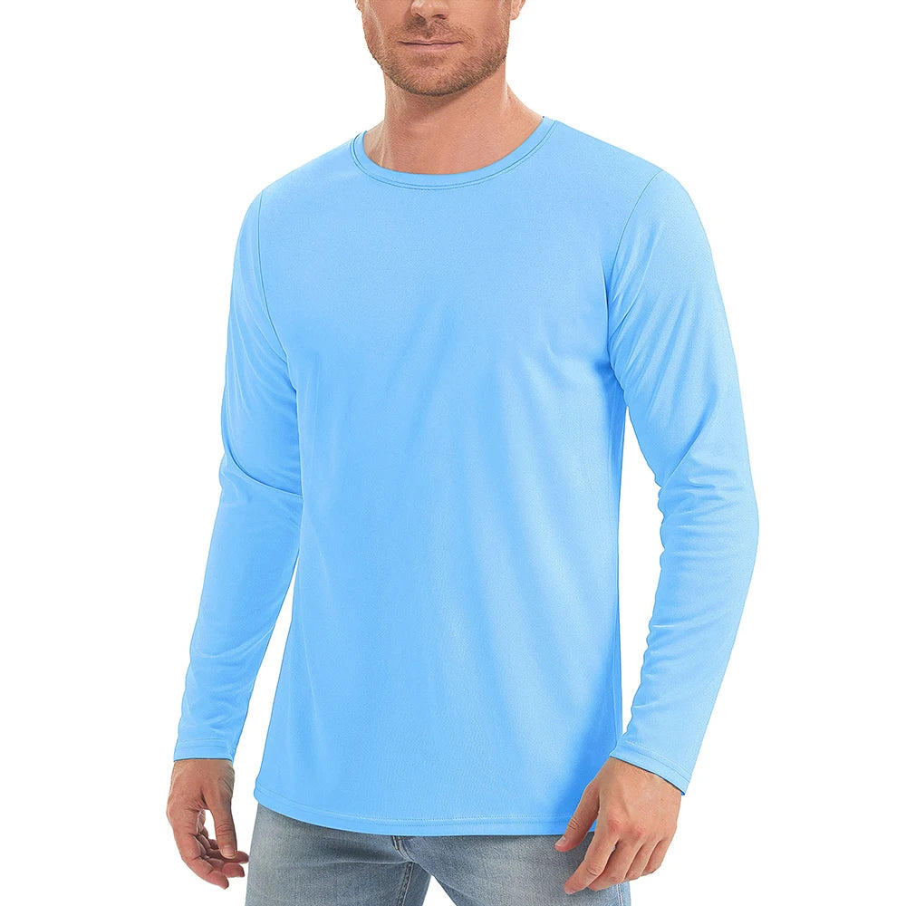 Upf50+ Men'S Sunscreen Uv Protection T-Shirt Solid Color Long-Sleeved Round Neck Outdoor Hiking Fishing Quick-Drying Tops