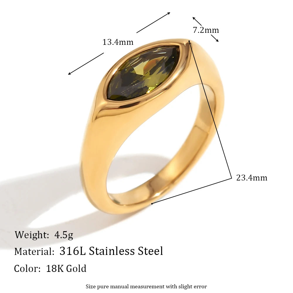 E.B.Belle Horse Eye Zircon Seal Ring 316L Stainless Steel Hypoallergenic 18K Gold Plated For Women