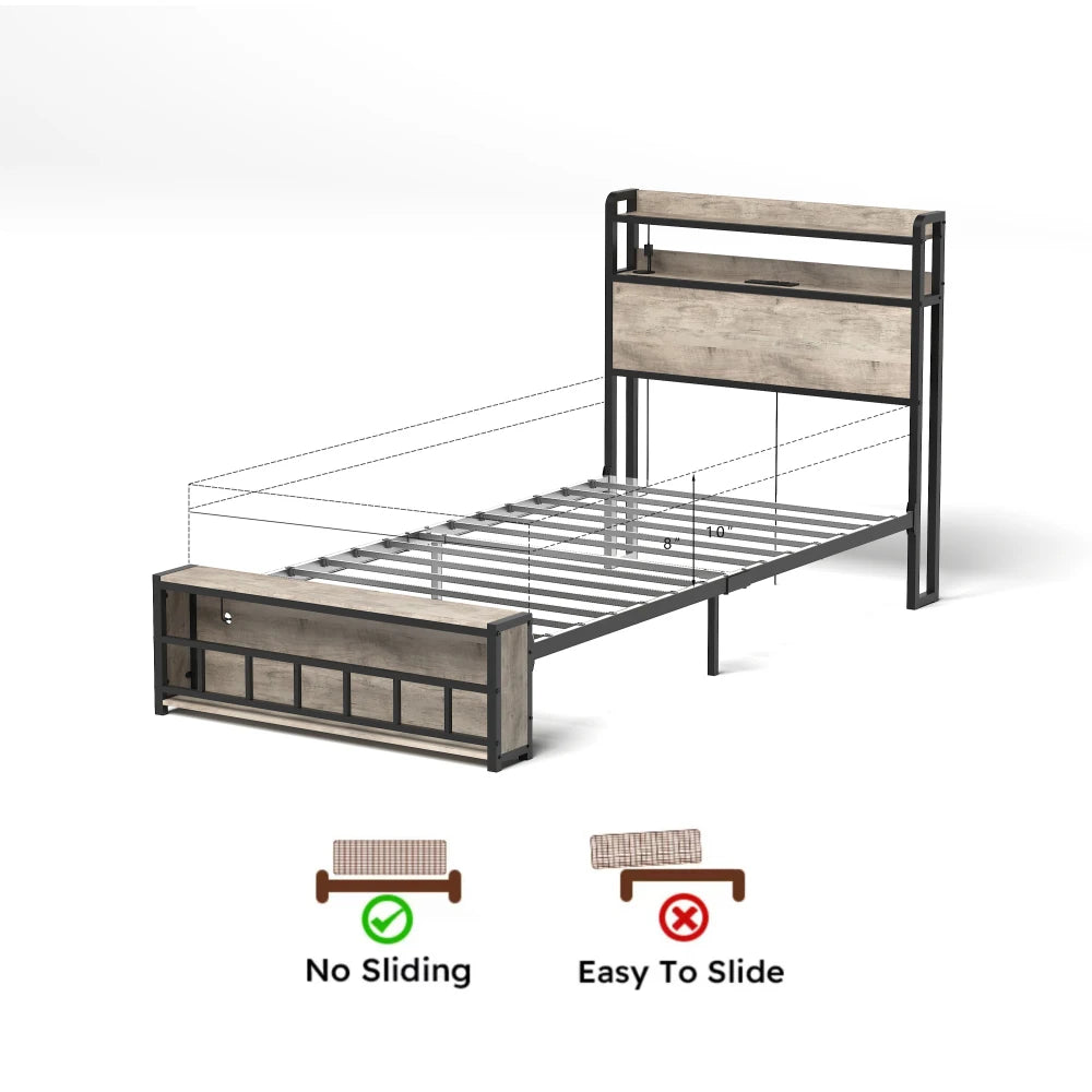 Orraves Twin Bed Frames , Headboard and Charging Station & LED Light for Bedroom, Solid and Stable, Noise Free, No Box Spring Needed, Easy Assembly